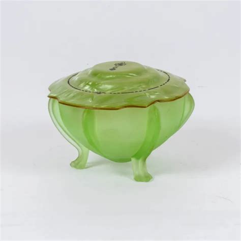 metal box with enamel jade feet and green cameo|ART DECO POWDER BOX JAR URANIUM GLASS GLOWING .